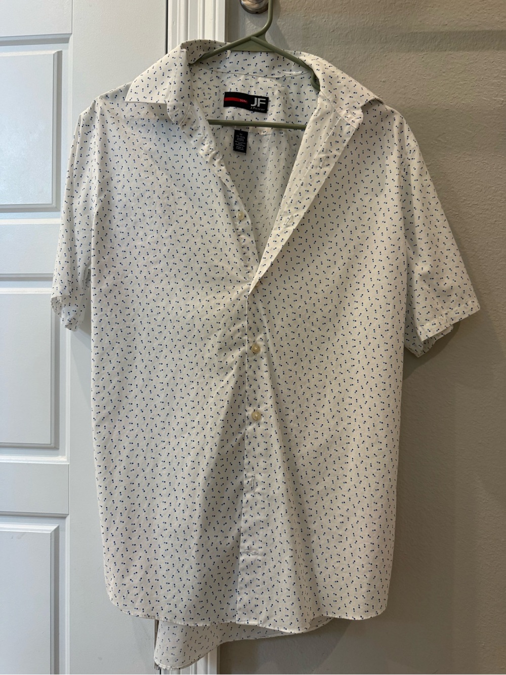 jf j.ferrar White Short Sleeve Button-Down with Blue Micro Print Medium Slim